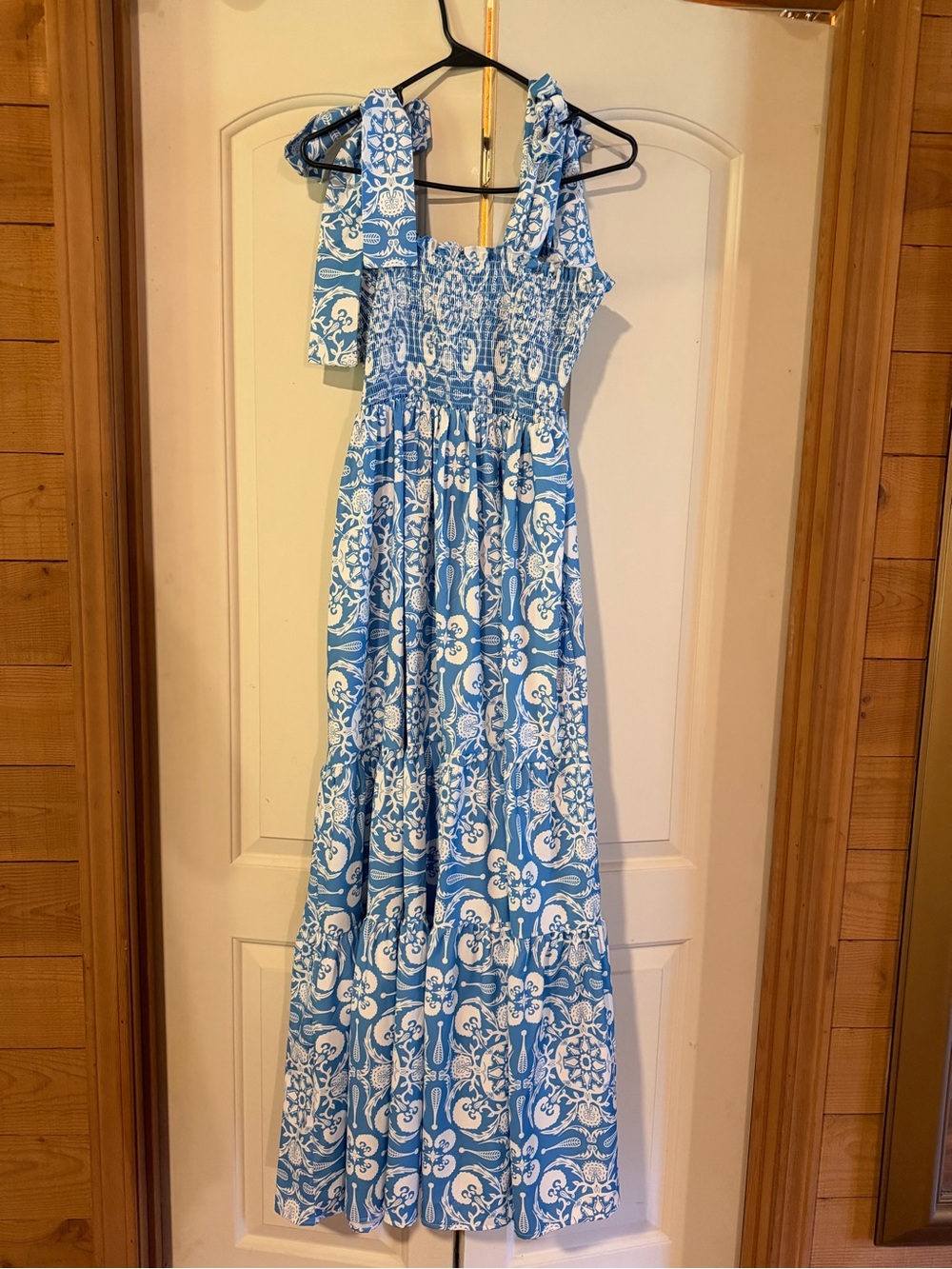 Blue and White Patterned Maxi Dress - Smocked Bodice
